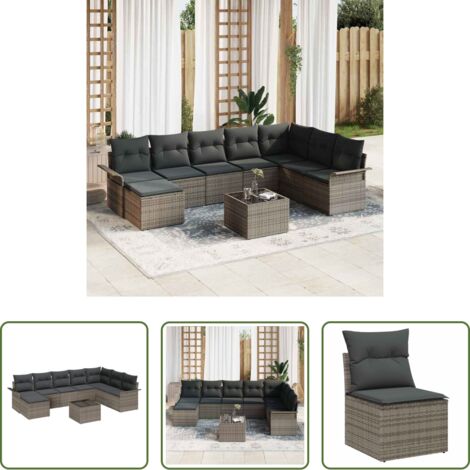 Seduta esterna -  Set Divano da Giardino con cuscino 9 pcs Nero Poly Rattan