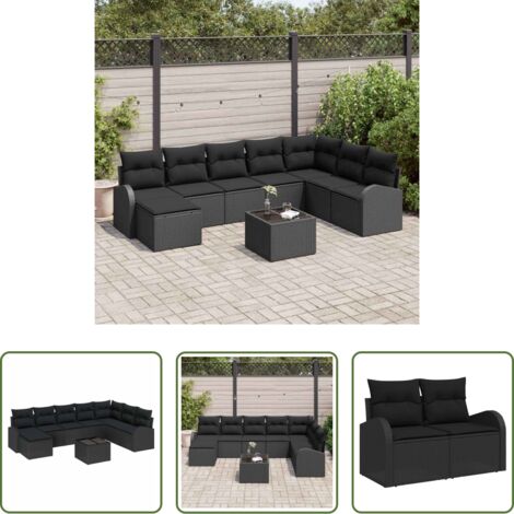 Seduta esterna -  Set Divano da Giardino con cuscino 9 pcs Nero Poly Rattan