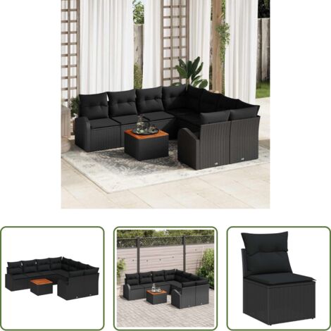 Seduta esterna -  Set Divano da Giardino con cuscino 9 pcs Nero polyrattan