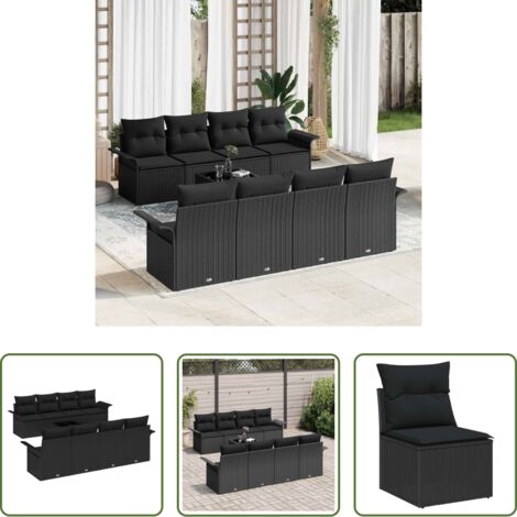Seduta esterna -  Set Divano da Giardino con cuscino 9 pcs Nero polyrattan