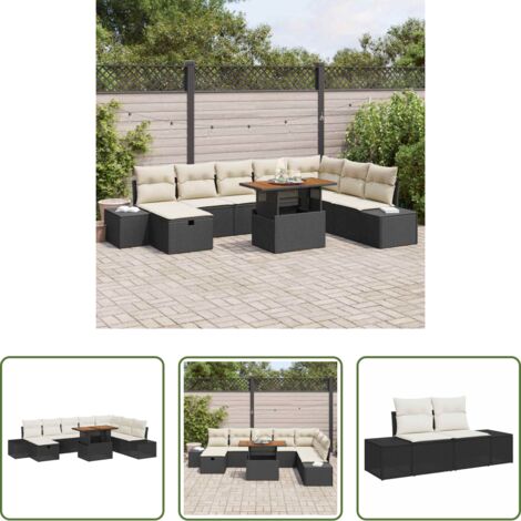 Seduta esterna -  Set Divano da Giardino con cuscino 9 pcs Nero polyrattan