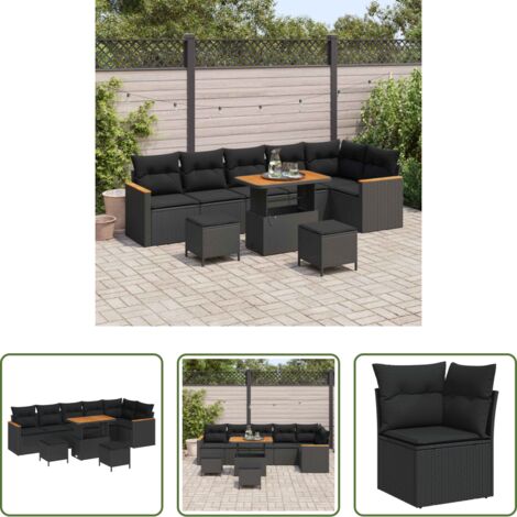 Seduta esterna -  Set Divano da Giardino con cuscino Nero Poly Rattan