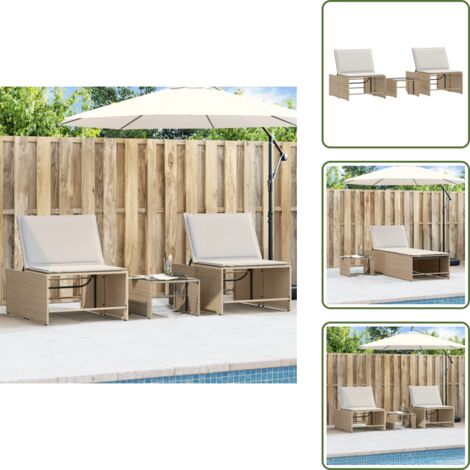 Seduta esterna - vidaXL Lettini prendisole 2 pz con tavolo beige in polyrattan - Tavolo da esterno