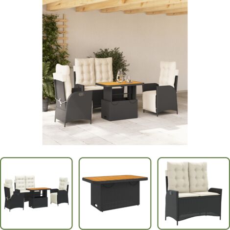 Seduta reclinabile -  Set da Pranzo da Giardino 4 pz con Cuscini Nero in Polyrattan