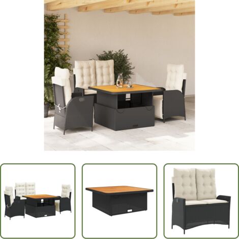 Seduta reclinabile -  Set da Pranzo da Giardino 4 pz con Cuscini Nero in Polyrattan