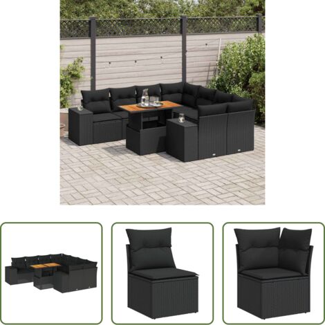 Sedute angolari -  Set Divani da Giardino 9 pz con Cuscini Nero in Polyrattan