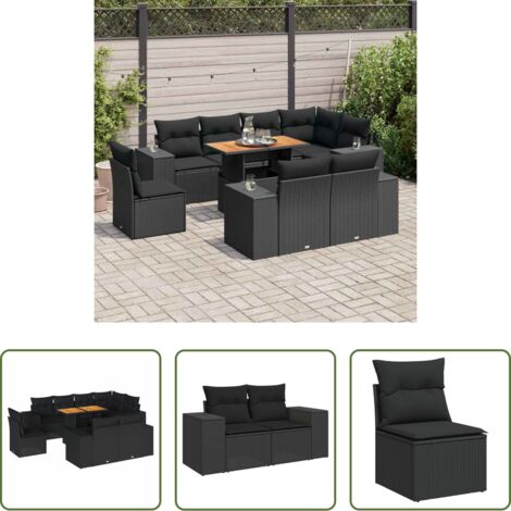 Sedute angolari -  Set Divani da Giardino 9 pz con Cuscini Nero in Polyrattan