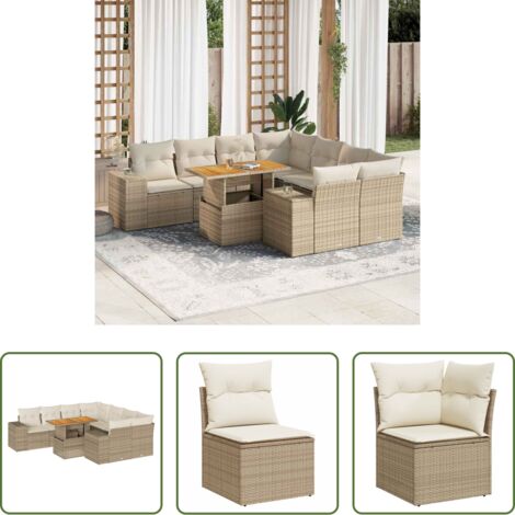 Sedute angolari -  Set Divano da Giardino 9 pz con Cuscini Beige in Polyrattan