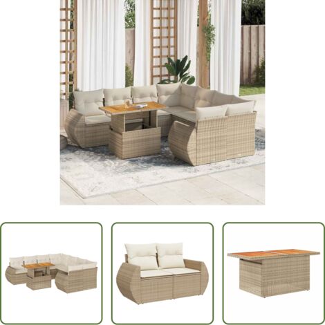 Sedute angolari -  Set Divano da Giardino 9 pz con Cuscini Beige in Polyrattan
