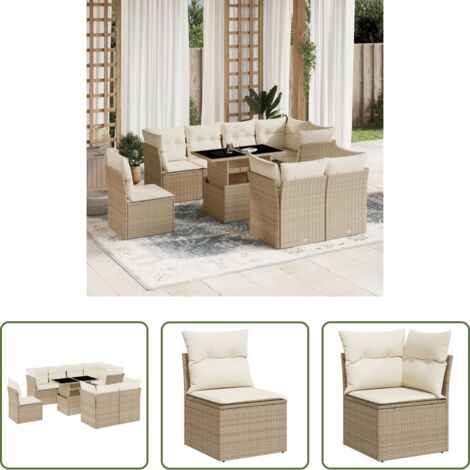 Sedute angolari -  Set Divano da Giardino 9 pz con Cuscini Beige in Polyrattan
