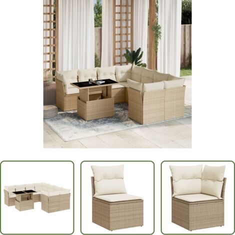 Sedute angolari -  Set Divano da Giardino 9 pz con Cuscini Beige in Polyrattan