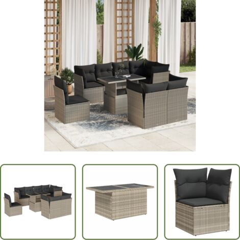 Sedute angolari -  Set Divano da Giardino 9pz con Cuscini Grigio Chiaro Polyrattan