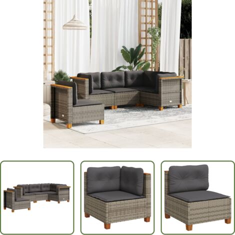 Sedute da esterno -  Set Divano da Giardino 5 pz con Cuscini Grigio in Polyrattan