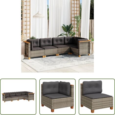 Sedute da esterno -  Set Divano da Giardino 5 pz con Cuscini Grigio in Polyrattan