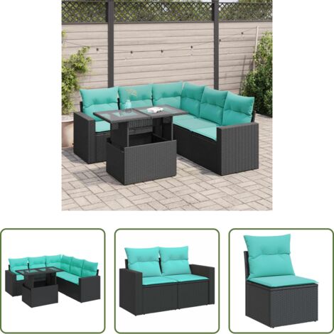 Sedute da esterno -  Set Divano da Giardino 6 pz con Cuscini Nero Polyrattan Acacia