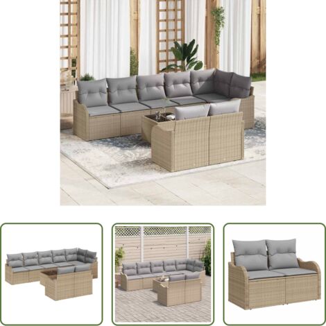 Sedute da esterno -  Set Divano da Giardino 9 pcs beige e grigio chiaro Poly Rattan