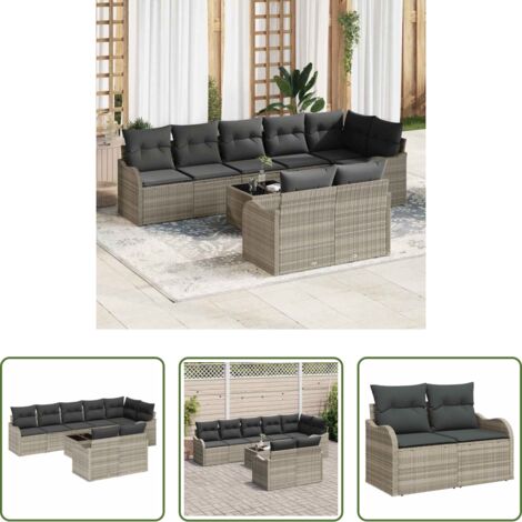 Sedute da esterno -  Set Divano da Giardino 9 pcs Grigio chiaro Poly Rattan
