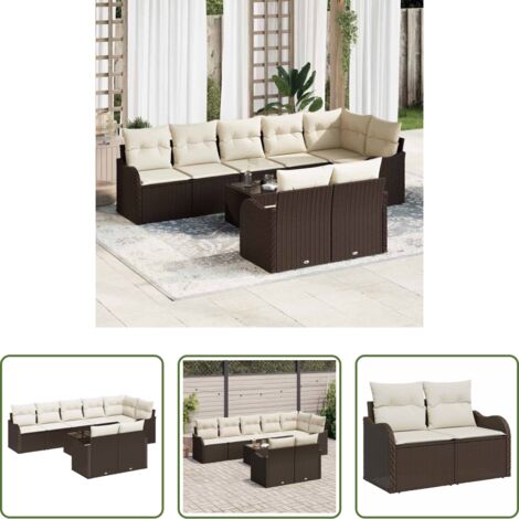 Sedute da esterno -  Set Divano da Giardino 9 pcs Marrone e bianco Poly Rattan