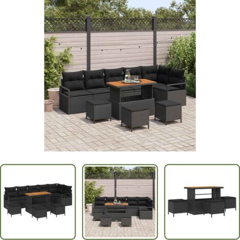 Sedute da esterno -  Set Divano da Giardino con cuscino 10 pcs Nero Poly Rattan