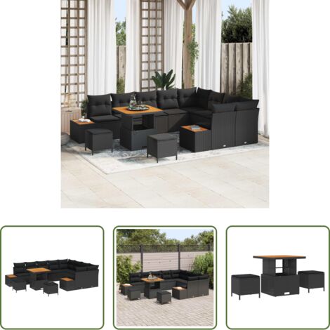 Sedute da esterno -  Set Divano da Giardino con cuscino 12 pcs Nero Poly Rattan