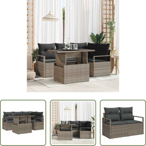 Sedute da esterno -  Set Divano da Giardino con cuscino 5 pcs Grigio Poly Rattan