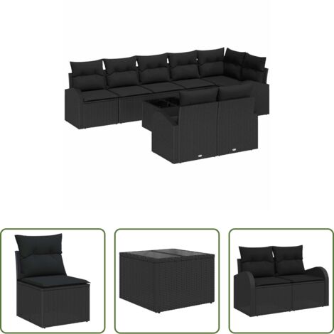 Sedute da esterno -  Set Divano da Giardino con cuscino 9 pcs Nero polyrattan