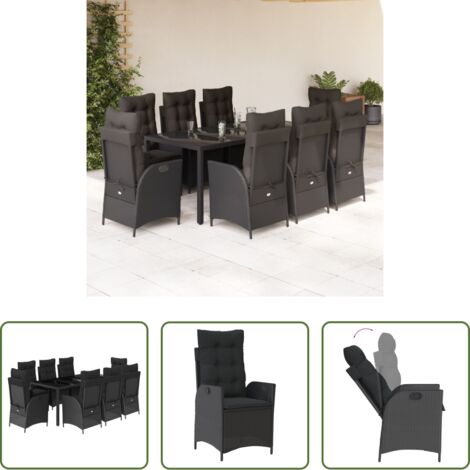 Sedute da giardino reclinabili -  Set da Pranzo da Giardino 9 pz con Cuscini Nero in Polyrattan