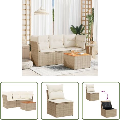 Sedute da giardino -  Set Divano da Giardino 4 pz con Cuscini Beige in Polyrattan