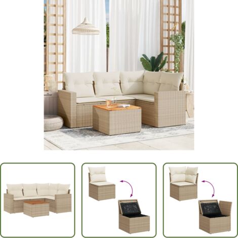 Sedute da giardino -  Set Divano da Giardino 5 pz con Cuscini Beige in Polyrattan