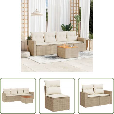 Sedute da giardino -  Set Divano da Giardino 5 pz con Cuscini Beige in Polyrattan