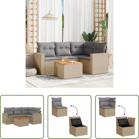 Sedute da giardino -  Set Divano da Giardino 5 pz con Cuscini Beige Misto Polyrattan