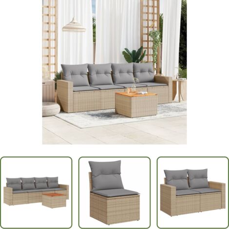 Sedute da giardino -  Set Divano da Giardino 5 pz con Cuscini Beige Misto Polyrattan