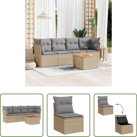 Sedute da giardino -  Set Divano da Giardino 5 pz con Cuscini Beige Misto Polyrattan