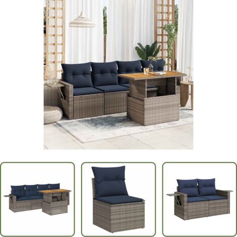 Sedute da giardino -  Set Divano da Giardino 5 pz con Cuscini Grigio in Polyrattan