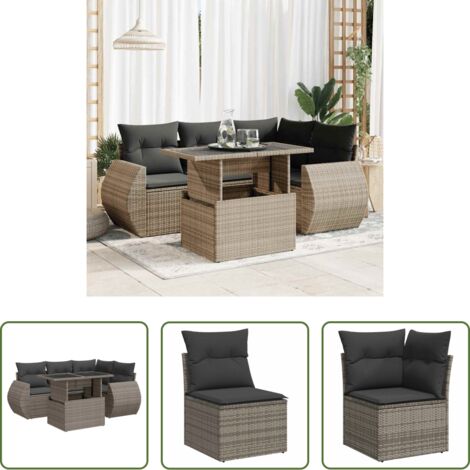 Sedute da giardino -  Set Divano da Giardino 5 pz con Cuscini Grigio in Polyrattan