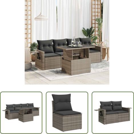 Sedute da giardino -  Set Divano da Giardino 5 pz con Cuscini Grigio in Polyrattan