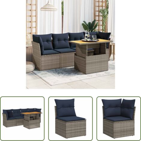 Sedute da giardino -  Set Divano da Giardino 5 pz con Cuscini Grigio in Polyrattan