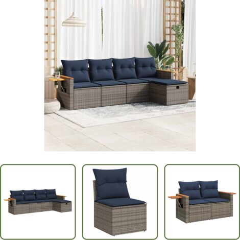 Sedute da giardino -  Set Divano da Giardino 5 pz con Cuscini Grigio in Polyrattan