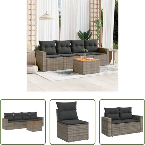 Sedute da giardino -  Set Divano da Giardino 5 pz con Cuscini Grigio in Polyrattan