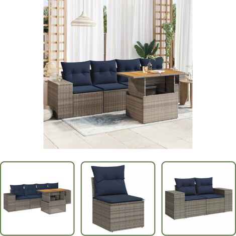 Sedute da giardino -  Set Divano da Giardino 5 pz con Cuscini Grigio in Polyrattan