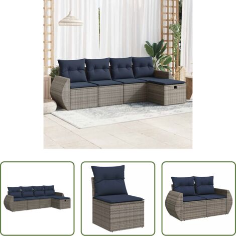 Sedute da giardino -  Set Divano da Giardino 5 pz con Cuscini Grigio in Polyrattan