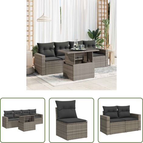 Sedute da giardino -  Set Divano da Giardino 5 pz con Cuscini Grigio in Polyrattan