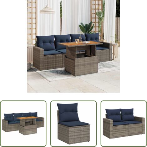 Sedute da giardino -  Set Divano da Giardino 5 pz con Cuscini Grigio in Polyrattan