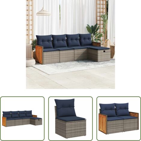 Sedute da giardino -  Set Divano da Giardino 5 pz con Cuscini Grigio in Polyrattan