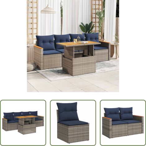 Sedute da giardino -  Set Divano da Giardino 5 pz con Cuscini Grigio in Polyrattan
