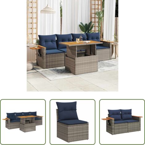 Sedute da giardino -  Set Divano da Giardino 5 pz con Cuscini Grigio in Polyrattan