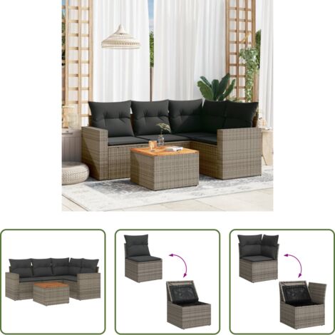 Sedute da giardino -  Set Divano da Giardino 5 pz con Cuscini Grigio in Polyrattan