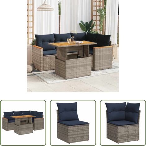 Sedute da giardino -  Set Divano da Giardino 5 pz con Cuscini Grigio in Polyrattan