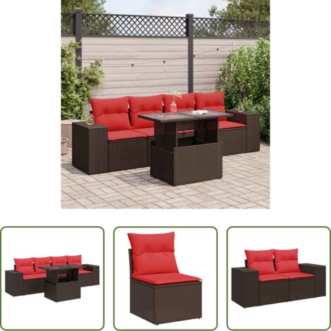 Sedute da giardino -  Set Divano da Giardino 5 pz Cuscini Marrone Polyrattan e Acacia