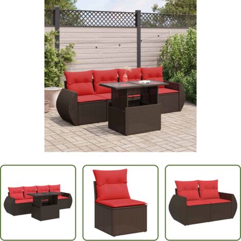 Sedute da giardino -  Set Divano da Giardino 5 pz Cuscini Marrone Polyrattan e Acacia